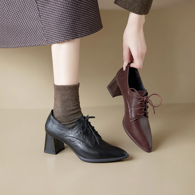 Zapatos de tacón alto para mujer, zapatos de tacón alto de 6cm con punta estrecha y cordones en negro y marrón, zapatos Retro hechos a mano de cuero con flores, zapatos de boca profunda A205