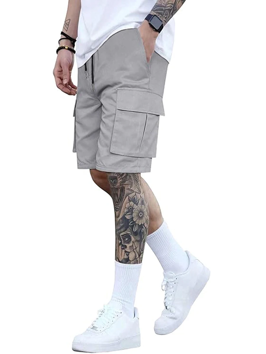 Men Loose Joggers Shorts Casual Solid Color Elastic Drawstring Cargo Shorts with Pockets for Summer Streetwear