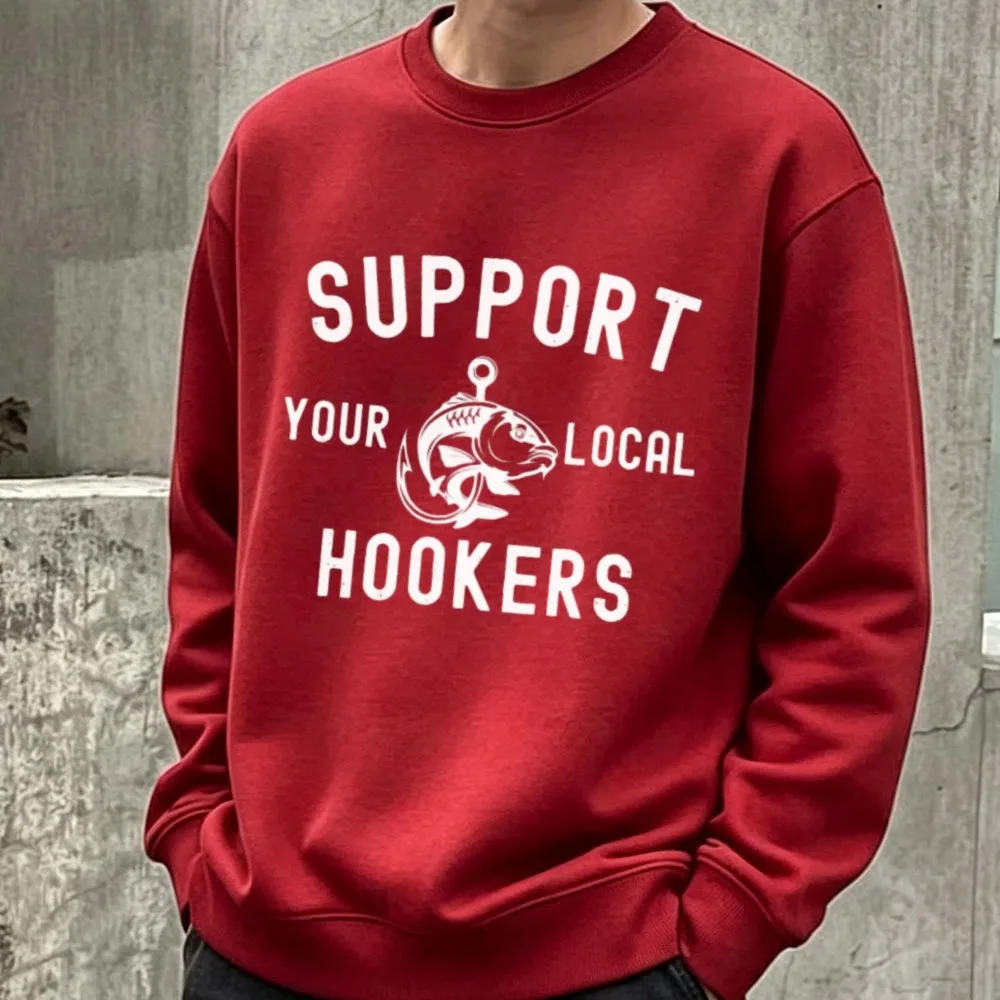 Vintage Fishing Graphic Crewneck Sweatshirt Support Your Local Hookers Fish Print Pullover Casual Outdoor Angling Hobby Tops