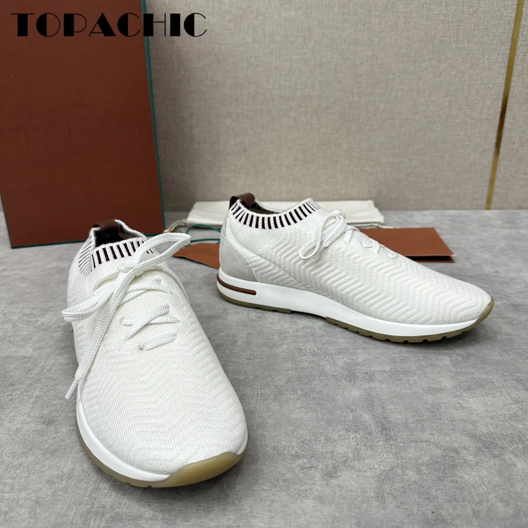 12.5 TOPACHIC Men\'s Soft Comfortable Knitted Sneakers Striped Lace-Up Round Toe Casual Shoes