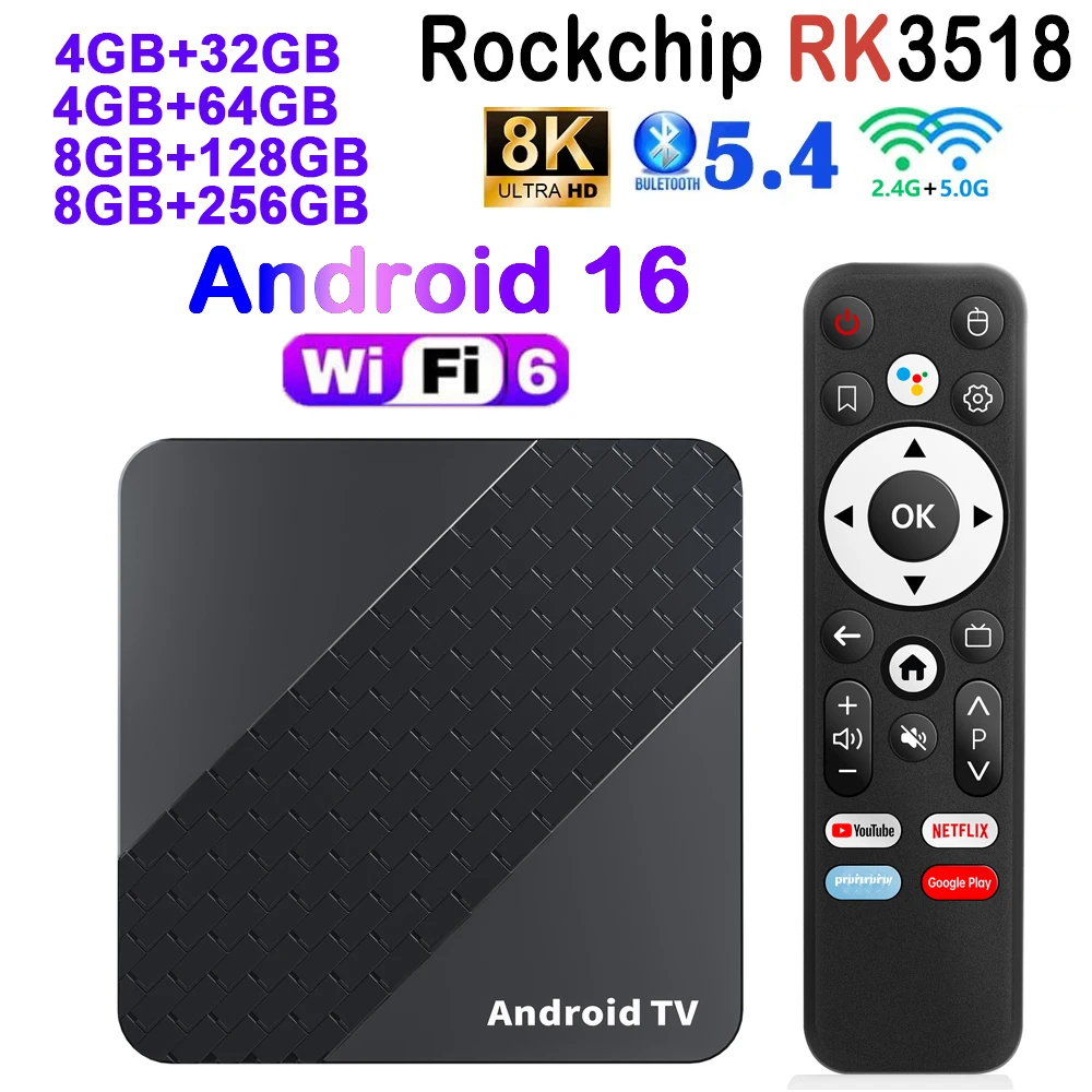 X10 TV Box Android 16 32GB 64GB 128GB 256GB RK3518 compatible con 2,4G y 5G Wifi Dual BT5.4 control remoto por voz reproductor multimedia Google Netflix HD8K