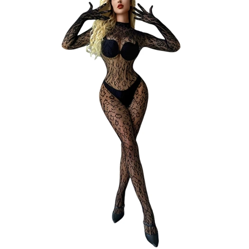 Women Sexy Hollow Out Mesh Bodystocking Leopard Fishnet Lingerie Long Sleeve See Through Bodysuit Jumpsuit Nightwear