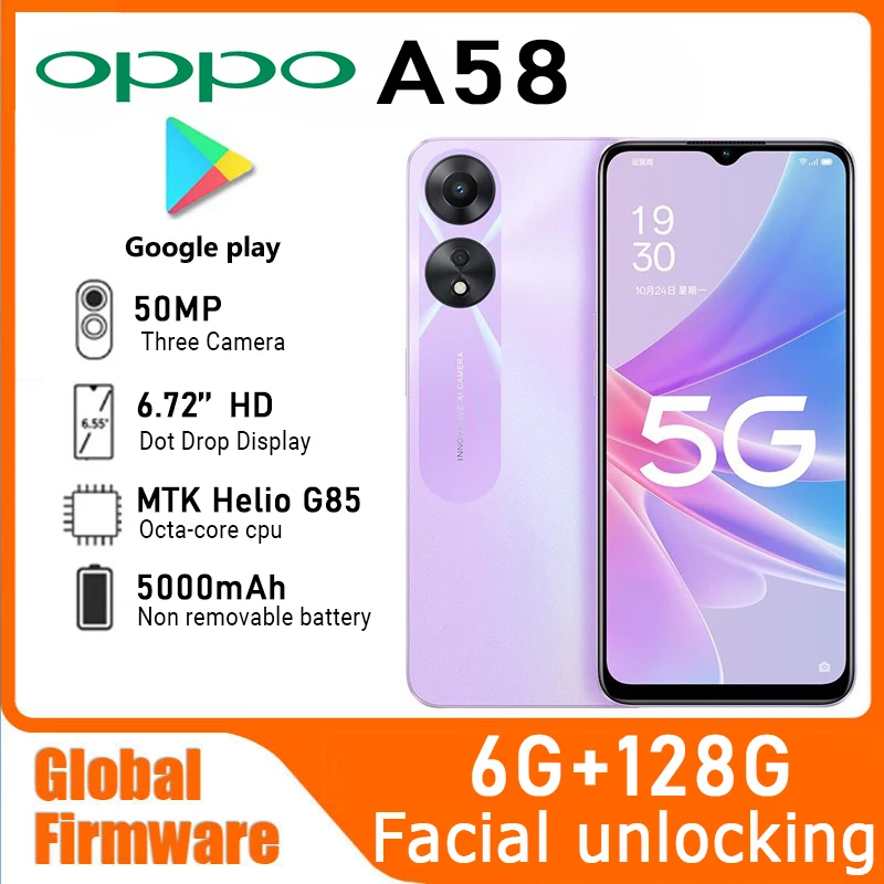 OPPO A58 Smartphone Global firmware MTK Helio G85 RAM 6GB ROM 128GB 6.72