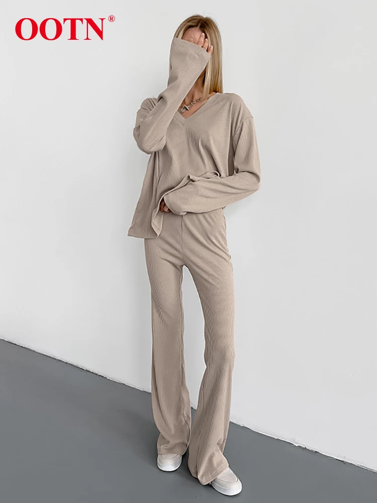 OOTN Khaki Pleated Pants Sets Women V-Neck Sweater And Straight Pants Two Pieces Outfits Autumn Winter 2024 Office Ladies Suits