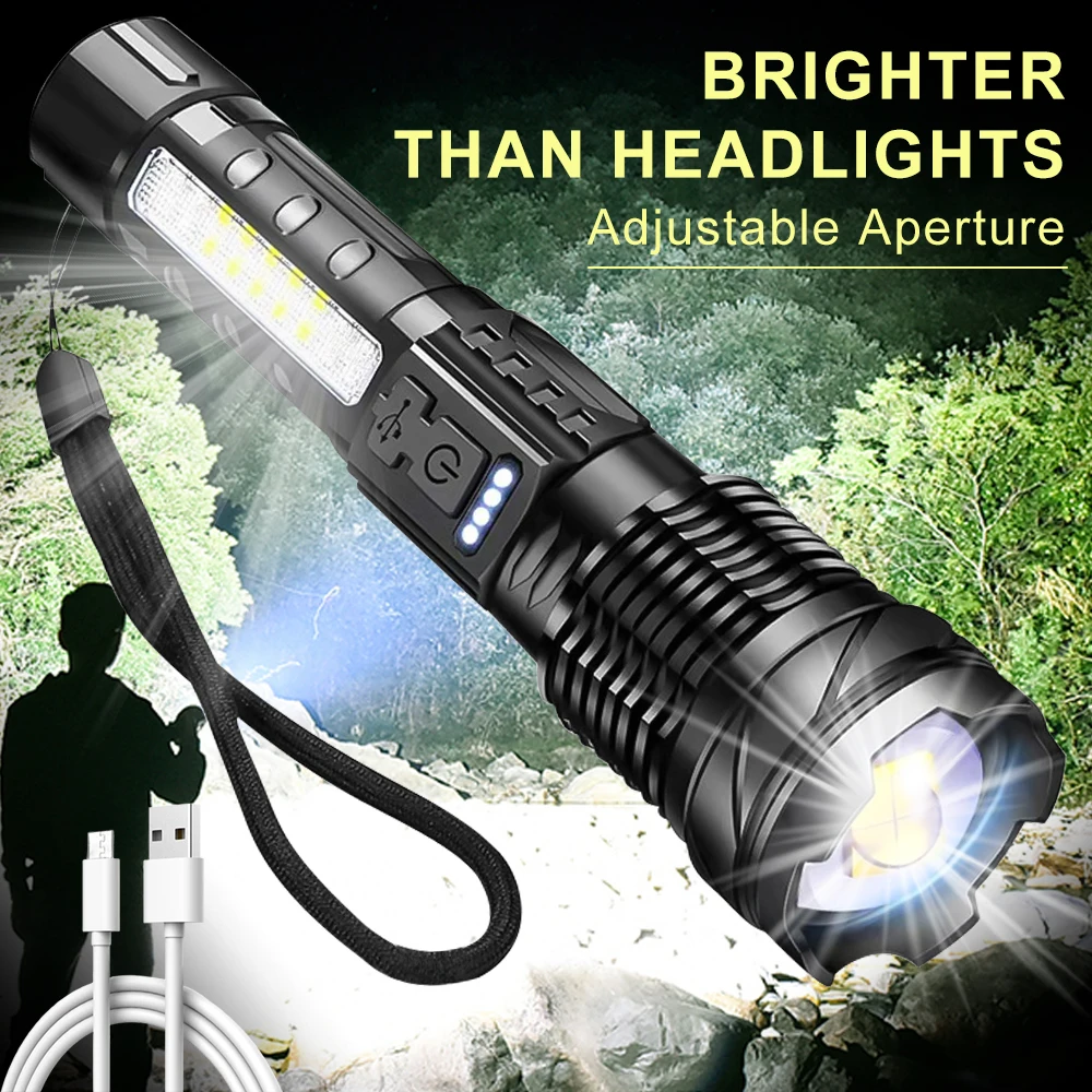 Zoomable Super Bright Flashlight 30W 7Mode COB LED Tactical Flashlight Portable Rechargeable Outdoor Lamp Built in Battery