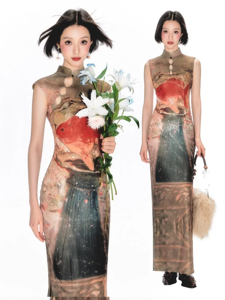 New Chinese-style women's long cheongsam dress with printed patterns