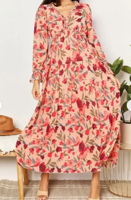 Elegantes Blumenmuster Damen Sommer Casual Rüschen Mehrlagiges Langarm V-Ausschnitt A-Linien Langes Maxi Party Loses Boho-Kleid – Detail 9