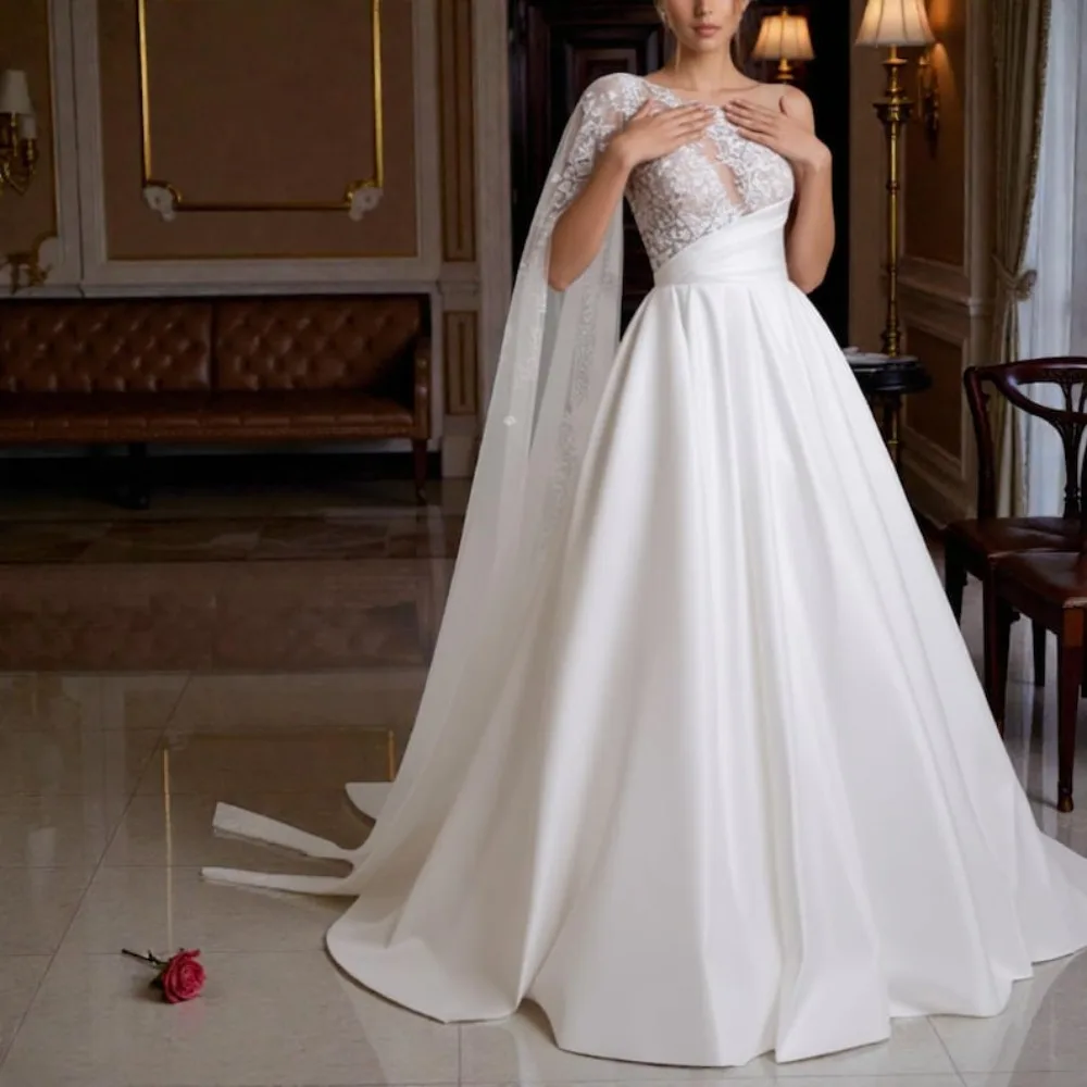 Custom One Shoulder Lace Satin A Line Wedding Dress 2026 Cathedral Train Bridal Gown Plus Size Vestido De Novia