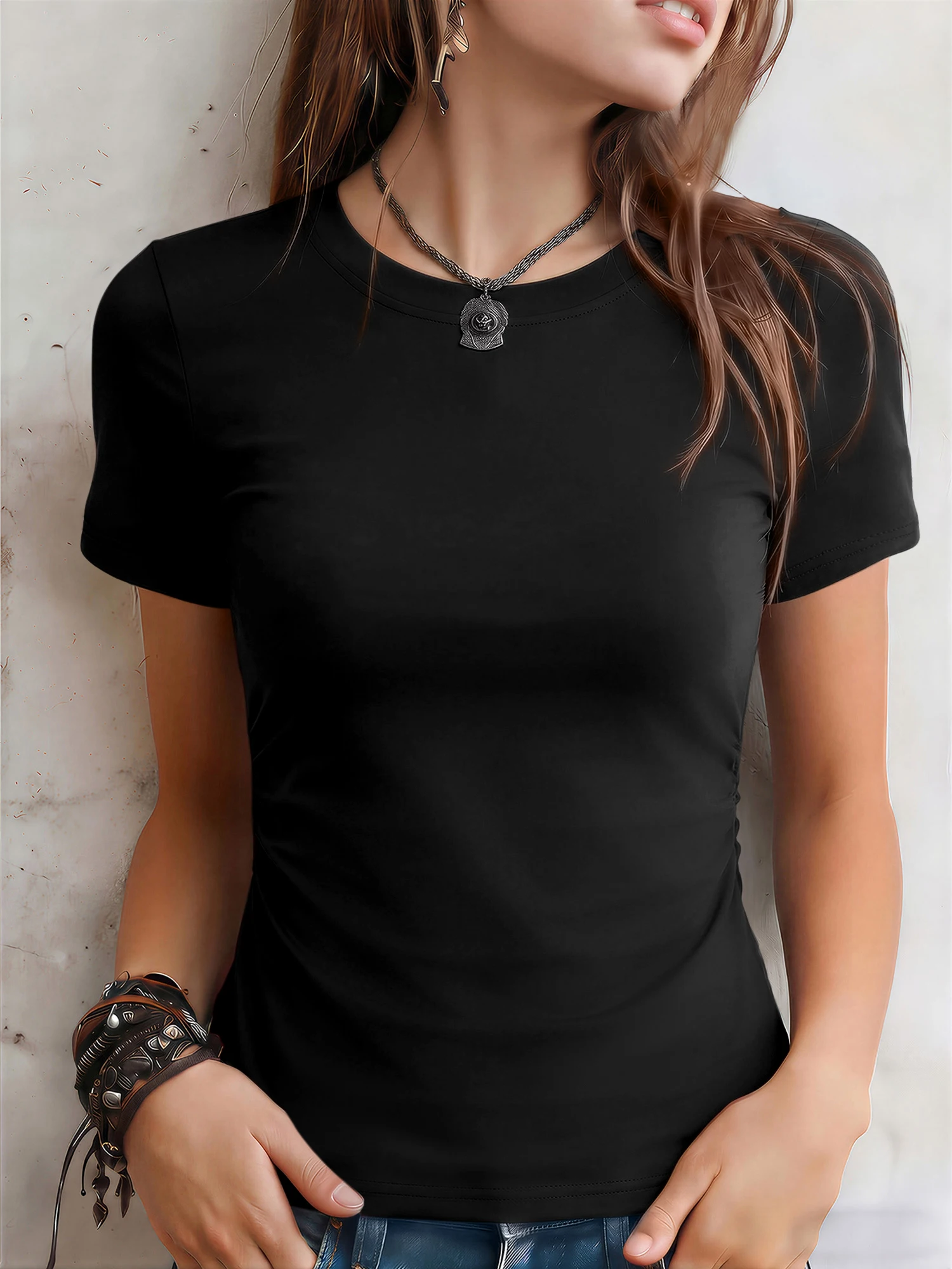 Fashion Women Crew Neck Short Sleeve T‑Shirt Solid Side Ruched Waist Slim Body‑Hugging Top Soft Stretchy For Jeans Outfit