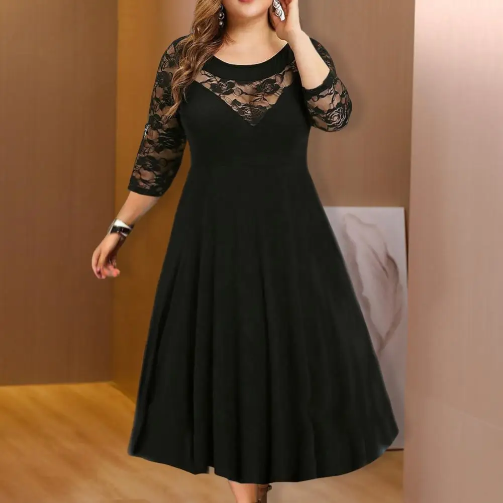 Beautiful Oversized Dress  A-Line High-Waist Women Dress  Plus Size Lace Stitching 3/4 Sleeve Evening Dress