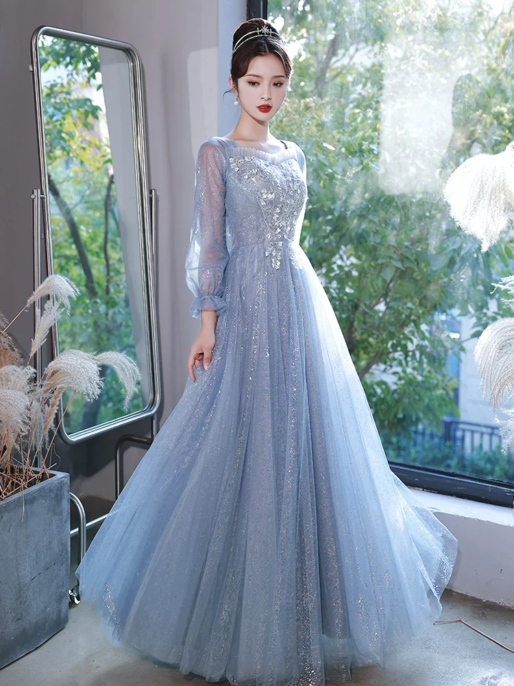 Blue Evening Dresses For Birthday Party Elegant Sweetheart A-Line Floor-Length Shiny Tulle Long Junior Graduation Prom Gowns