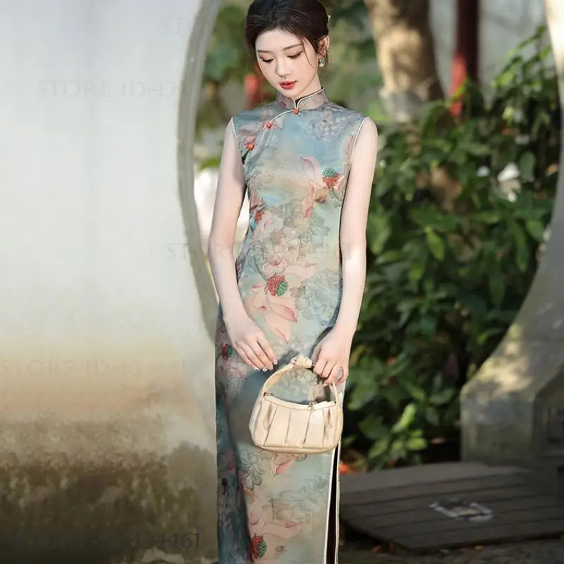 

Elegant Print Lotus Female Long Cheongsam Traditional Chinese Dresses Women's Sexy Formal Rayon Qipao Vintage Classic Vestidos