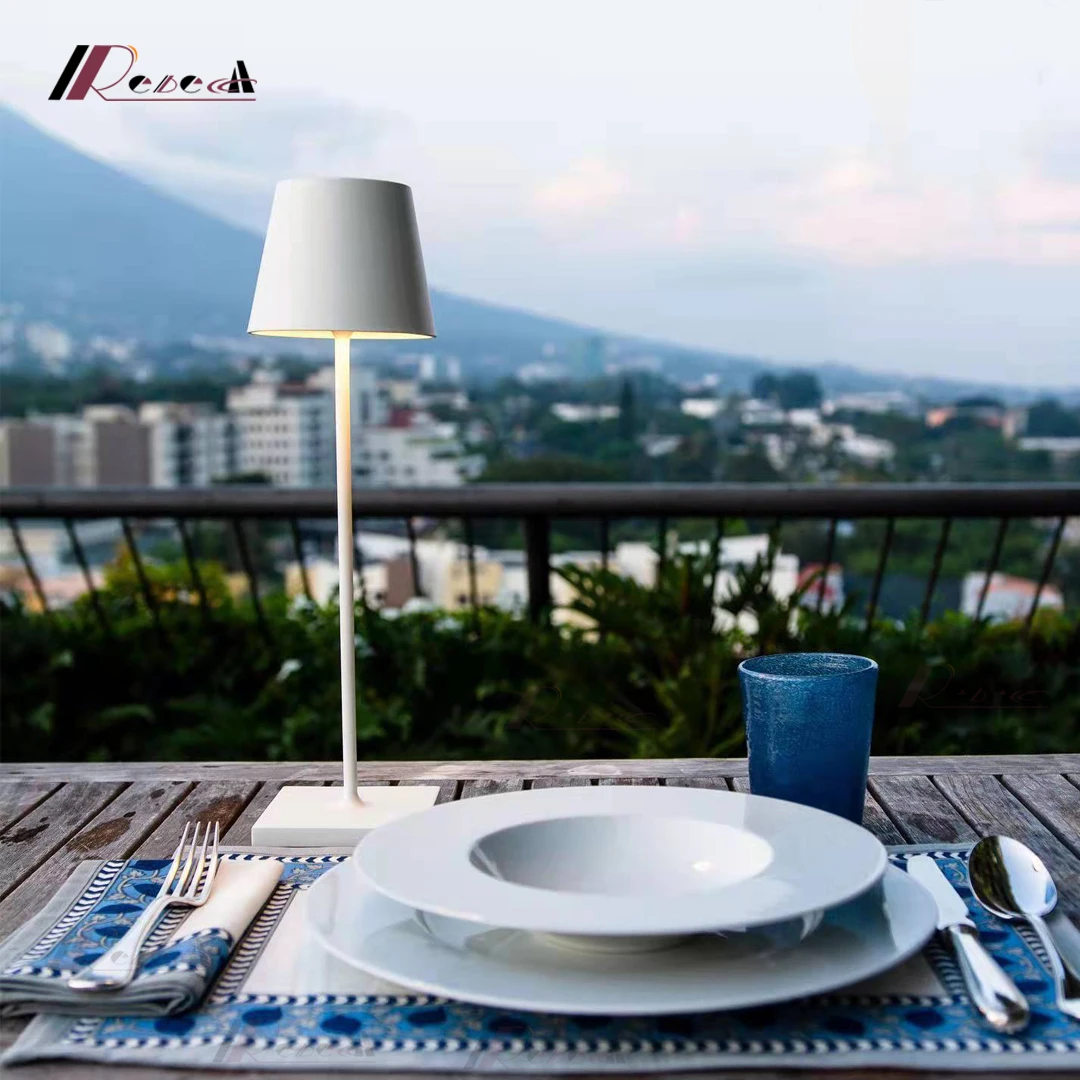 Dimmable LED Table Lamp in Aluminum, IP54 Protection, Indoor / Outdoor Use, Contact Charging Base, H38cm,USB Charge.