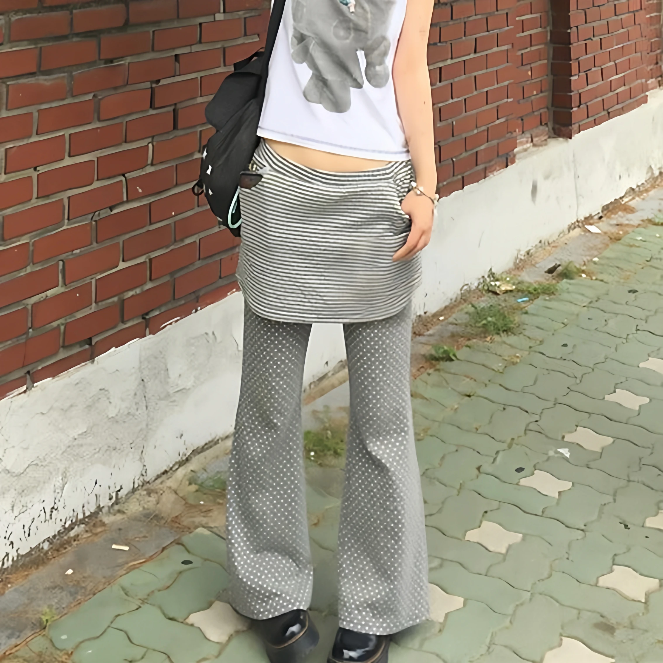 Y2K Aby Culture グレー水玉ストライプカジュアルスリムフェイクツーピーススカートパンツ一体型ベルボトムレディースロングパンツ
