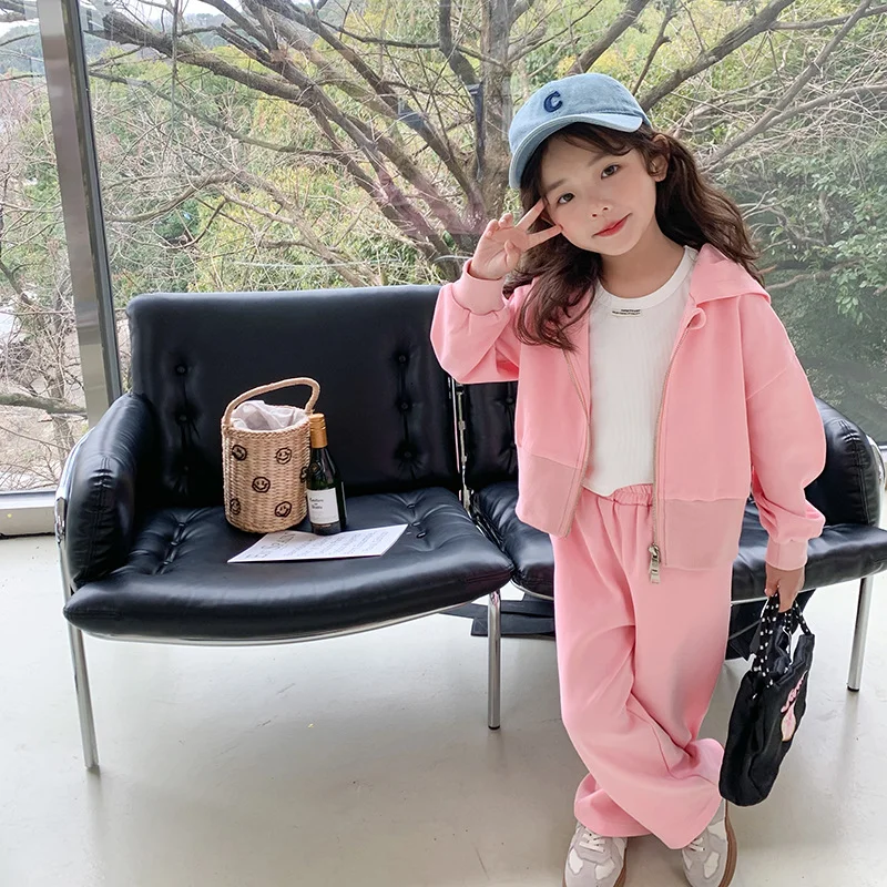 Girls Sportswear 2023 Spring Autumn New Fashionable Baby Solid Color Short Style Hoodie Coat and Casual Pants Two Piece Set