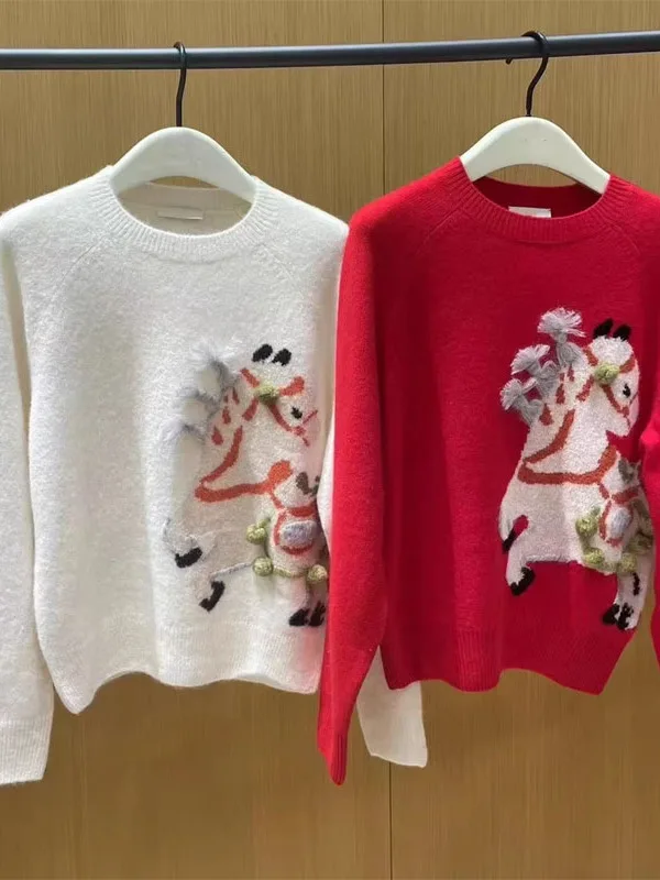 

Весна 2026: Новая корейская версия модного женского вязаного свитера с круглым вырезом, ярко-красного цвета, с декором в виде помпонов