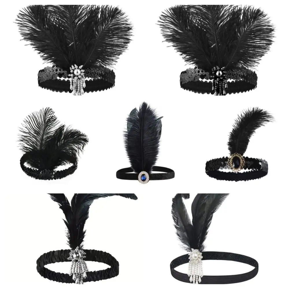 Diadema de plumas de diamante para mujer, accesorios para el cabello, banda para el cabello de fiesta de maquillaje, borla negra, vestido de Cosplay