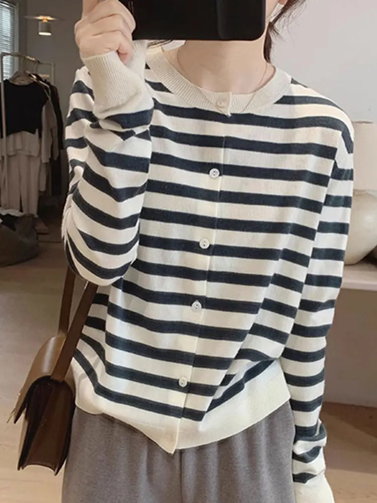 Ele minceur tricoté Cardigan Long Sve rond Ne décontracté rayé femmes haut trajet Sle Version coréenne hiver Faion