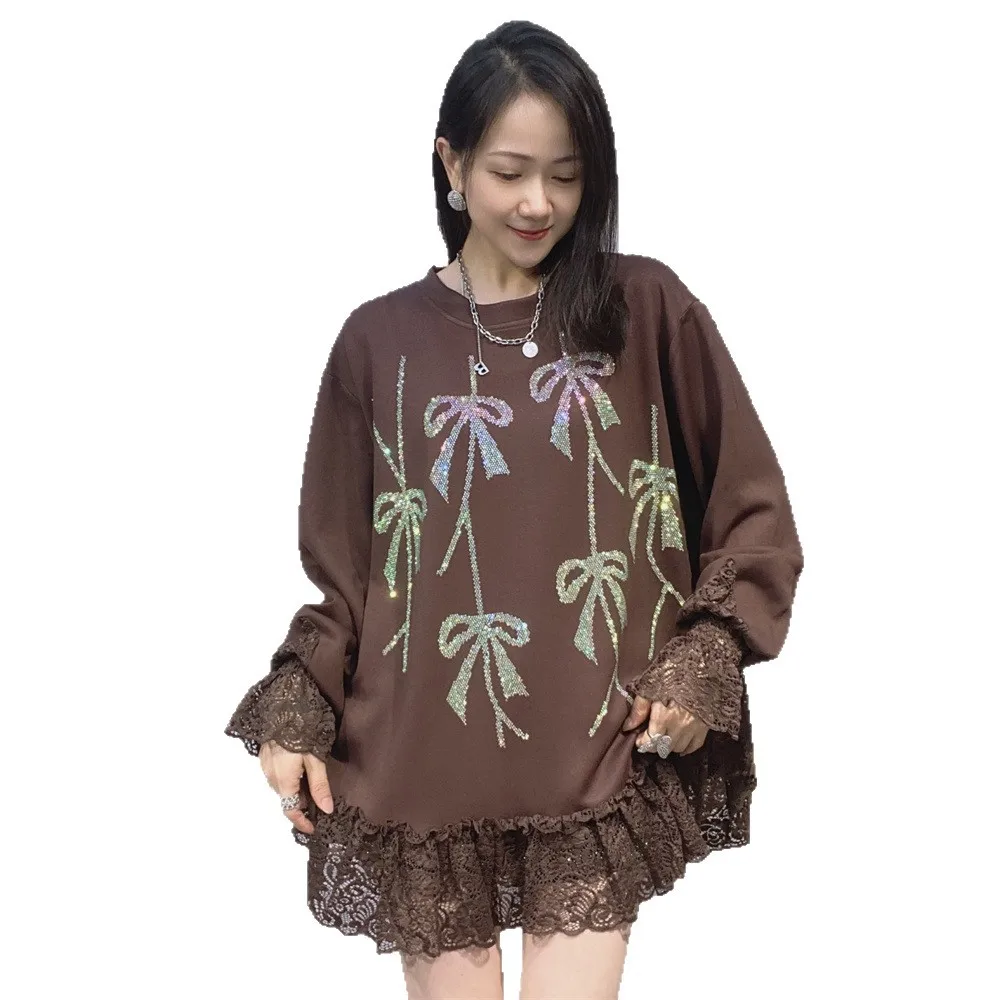 Women's Clothing 2025 Autumn Winter New Round Neck Long Sleeve Tops Women Lace Splicing Rhinestone A-line Oversize Chic T-shirts