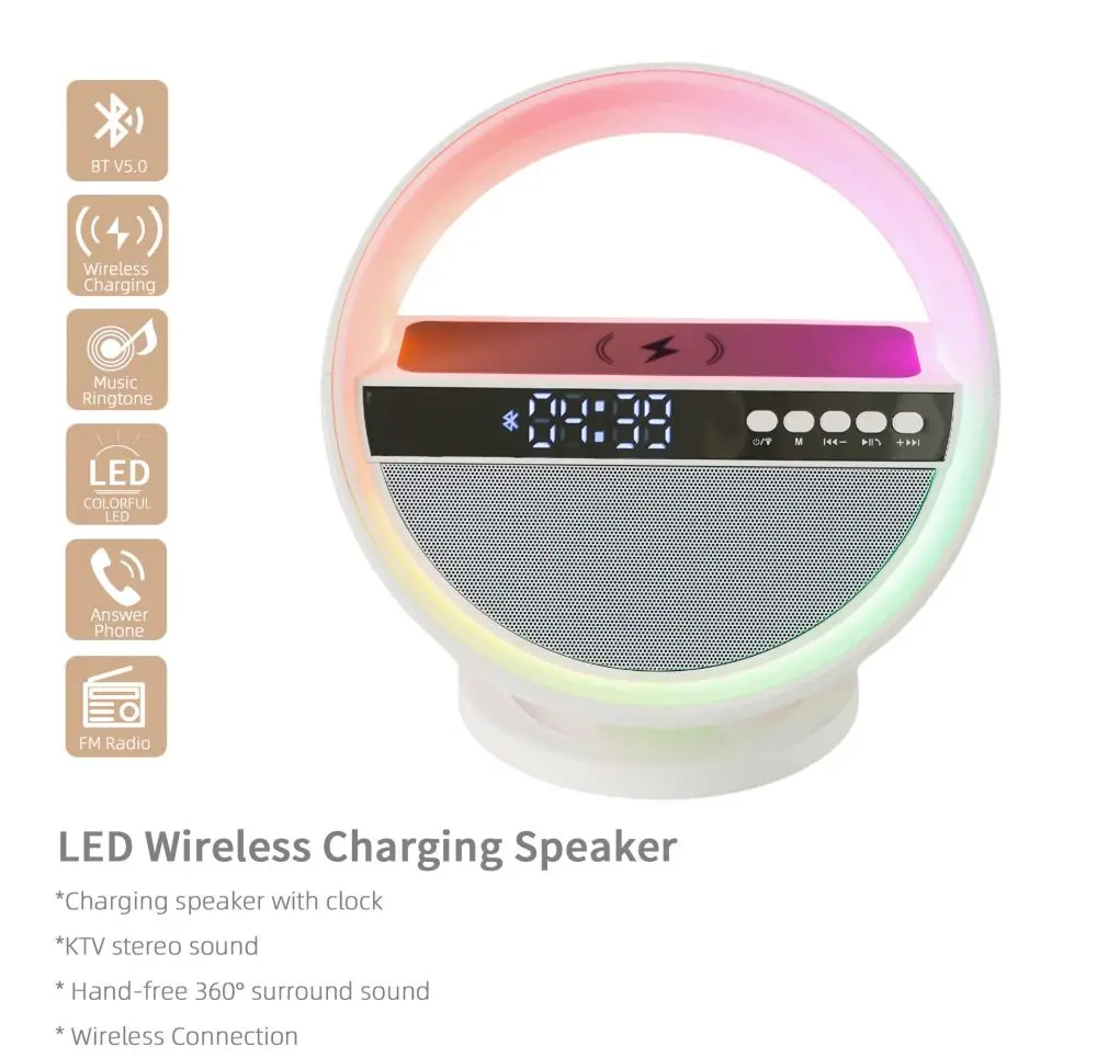 6-in-1 Wireless Charger, Multi-function Bluetooth Speaker, Clock, Alarm Clock FM Radio, Table Lamp, 12-color Ambient Night Light