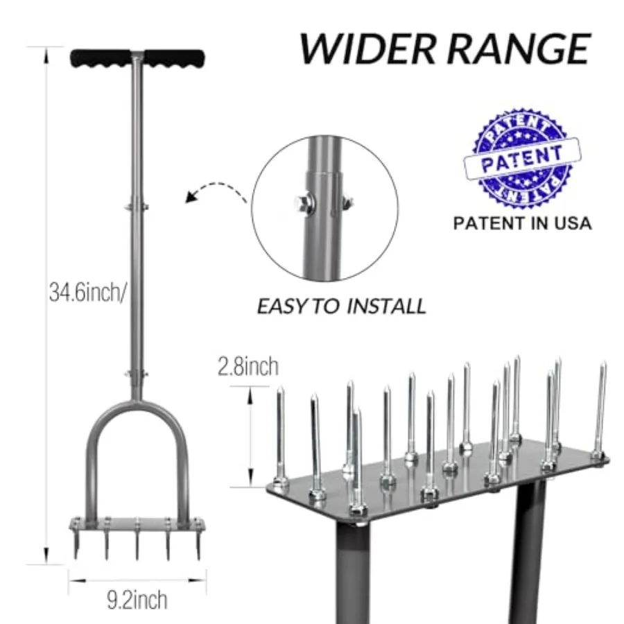 Walensee Lawn Aerator Spike Metal Manual Dethatching Soil Aerating Lawn with 15 Iron Spikes, Pre-Assembled Grass Plug Aerator T