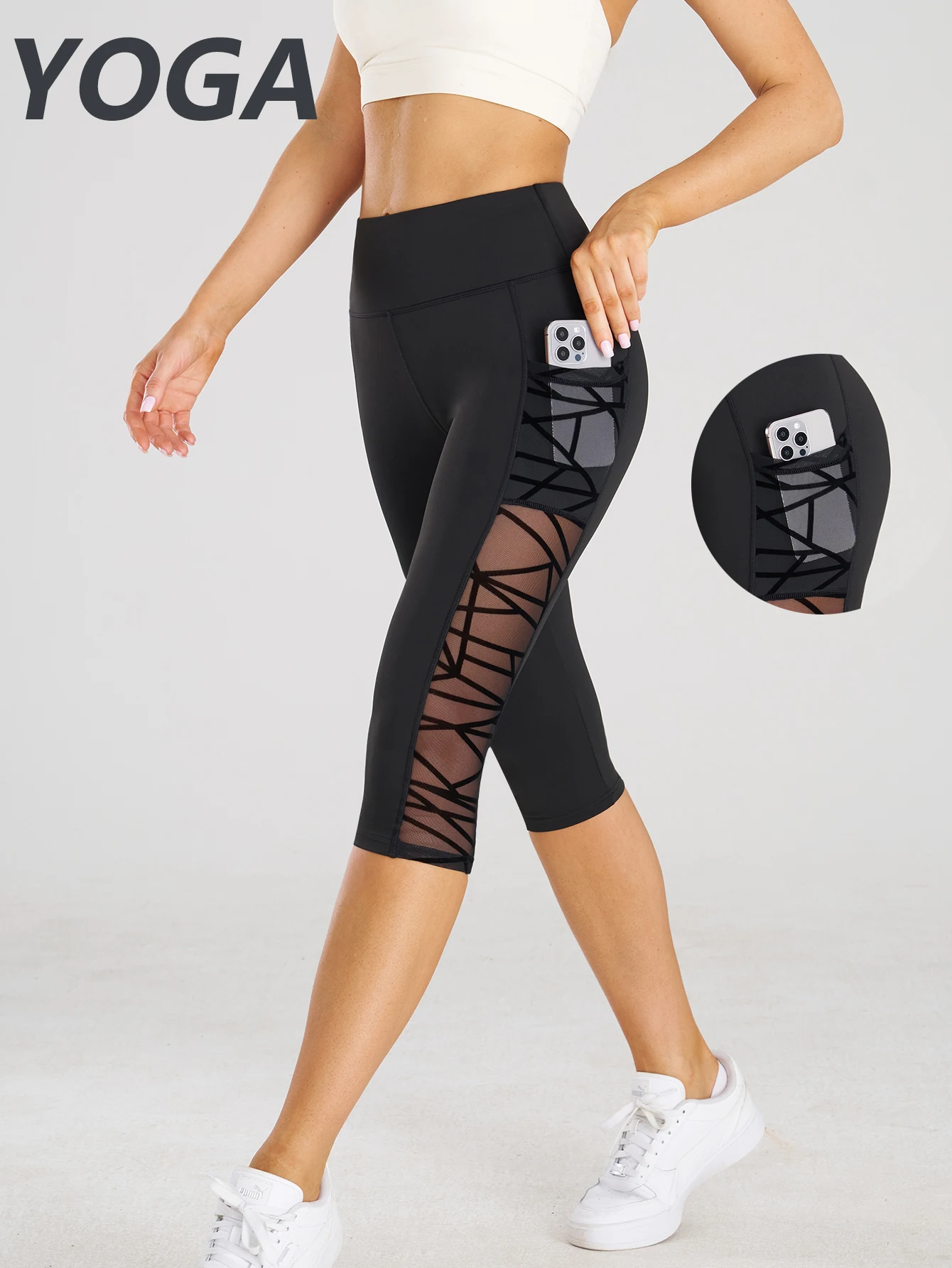 High Waist Yoga Crop Pants Leggings With Pockets Sports Fitness Casual Tight Yoga Pants Side Cross Mesh Stitch Capri Leggings