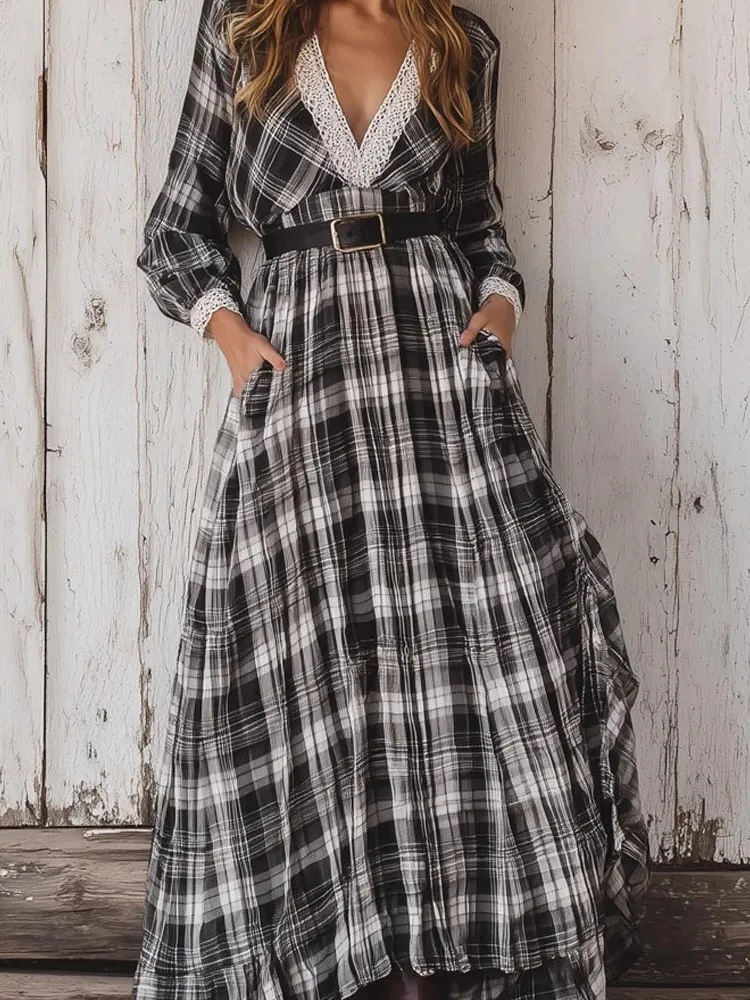 여성용 레트로 체크 셔츠 드레스 가을 신상 패션 브이넥 긴팔 하이웨이스트 A라인 롱 스커트 드레스 (벨트 미포함)