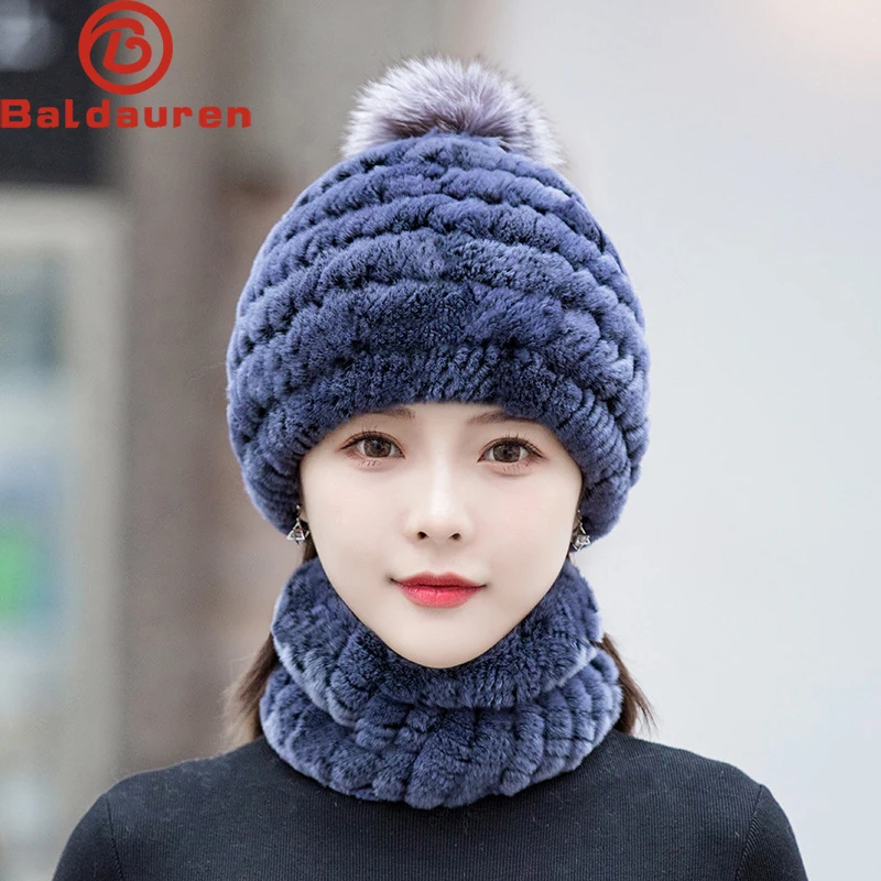 

Fashion Girl Fur Cap Lady Winter Natural Real Rex Rabbit Fur Hat Scarf Suit High Quality Women 100% Genuine Fur Hat