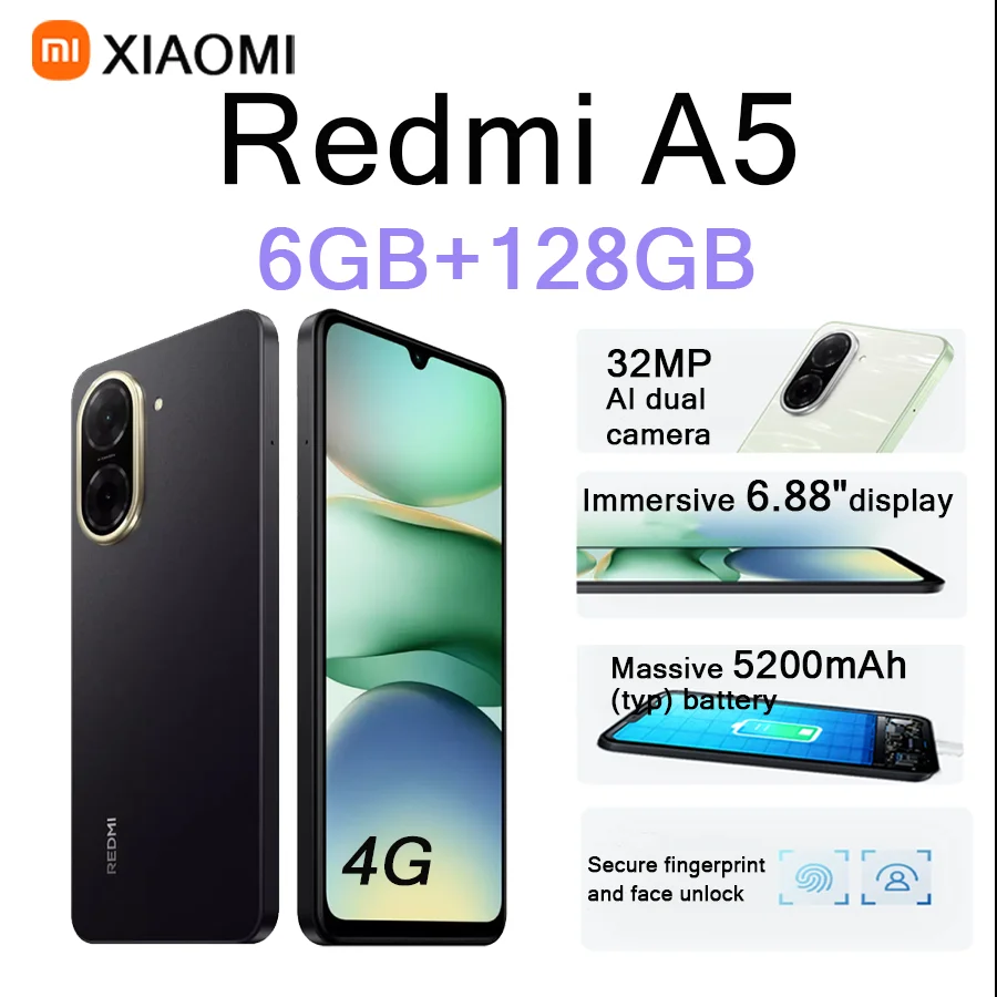 

Redmi A5 Smartphone 6.88" 120Hz Display 6GB+128GB 32MP Main Cam 5200mAh 15W Fast Charge Type-C 4G EU/US Dual SIM Unlocked