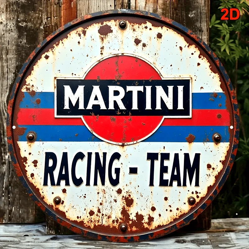 2D plano 1 peça circular Martini racing team logotipo de parede de madeira retrô, listras vermelhas, azuis e brancas, adequado para garagem, caverna masculina