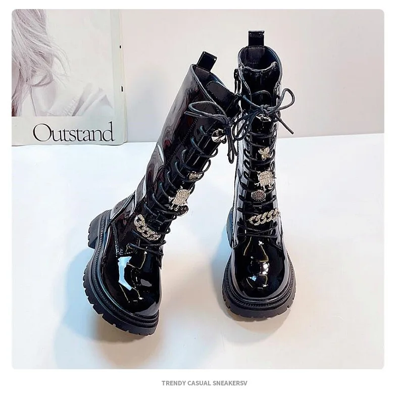 2025 Autumn Winter New Fashion Girls Bright Leather High Boots Flower Lace-up Rhinestone Decoration Children Long Knight Boots - view 6