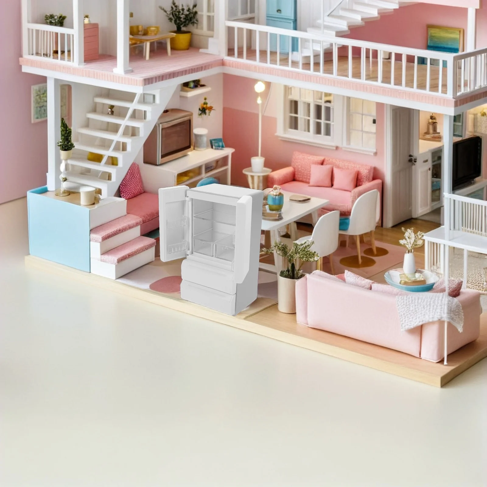 Miniature Dollhouse Refrigerator with Illuminated Interior Realistic Design for Kids Interactive Pretend Kitchen Play