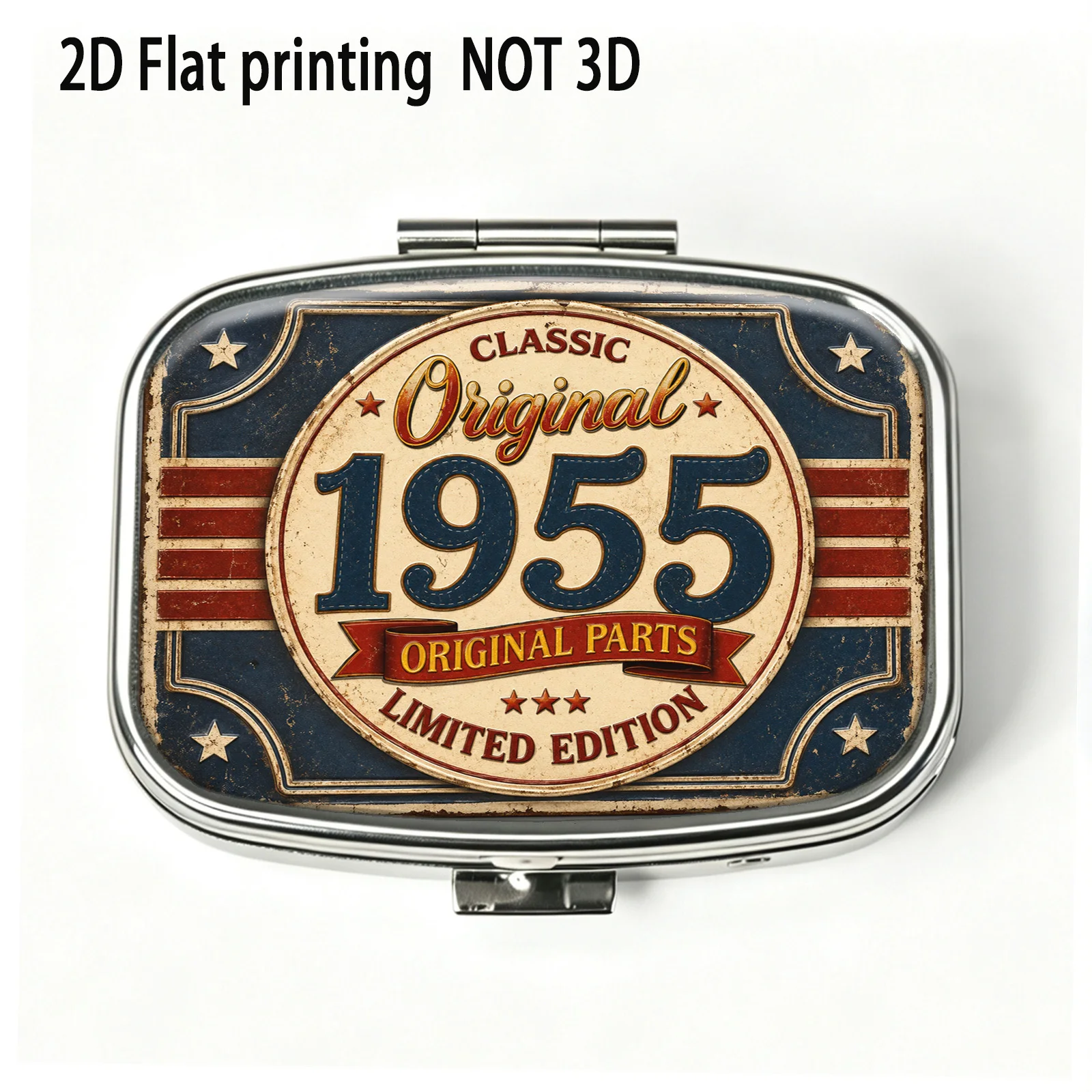 Single pack, flat, American vintage 1955 retro distressed sign text pattern, square compartmentalized pill storage box, portable medicine organizer