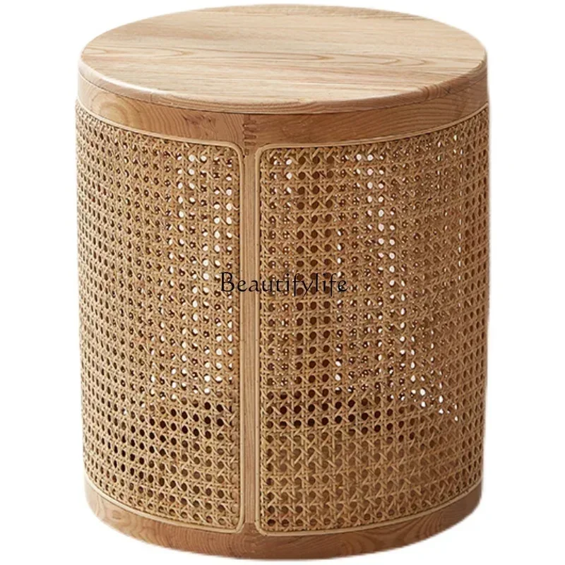 New style Retro rattan solid wood round edge few household minimalist balcony tea style coffee table small apartment ss 8617