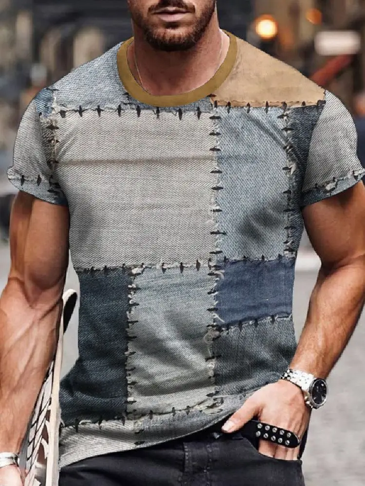 Summer Fashion Patchwork T-Shirts 3D Print Men's Short Sleeve O-Neck T Shirt Casual Harajuku Y2K Tops Tees Street Men Clothing