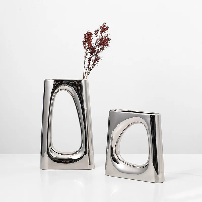 Modern Silver Plated Hollow Ceramic Vase Set Oval Cutout Geometric Dry Flower Container Living Room Table Decor