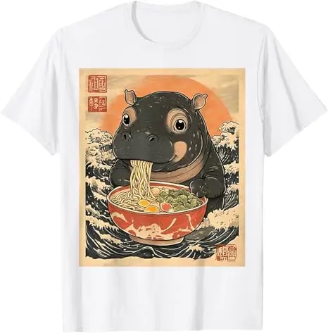 Moo Deng Hippo Eat Ramen for Japanese Style T-Shirt Cute Cartoon Moo Deng Art Graphic Saying Tee Fashion Short Sleeve Tops Gift