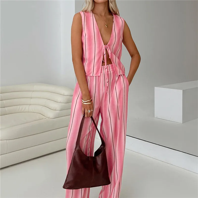 hirigin Women Y2k Stripes 2 Piece Pants Matching Set Tie Front V Neck Tank Vest Wide Leg Elastic Waist Trousers Suit Set