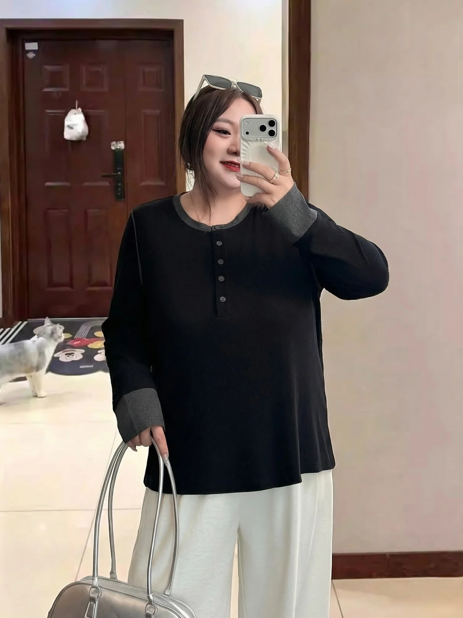 

plus Size Women's Long Sleeve Knitted Shirt Spring New Style Commute Slimming Top Thick Sister Fleshy Covering Standard Fit