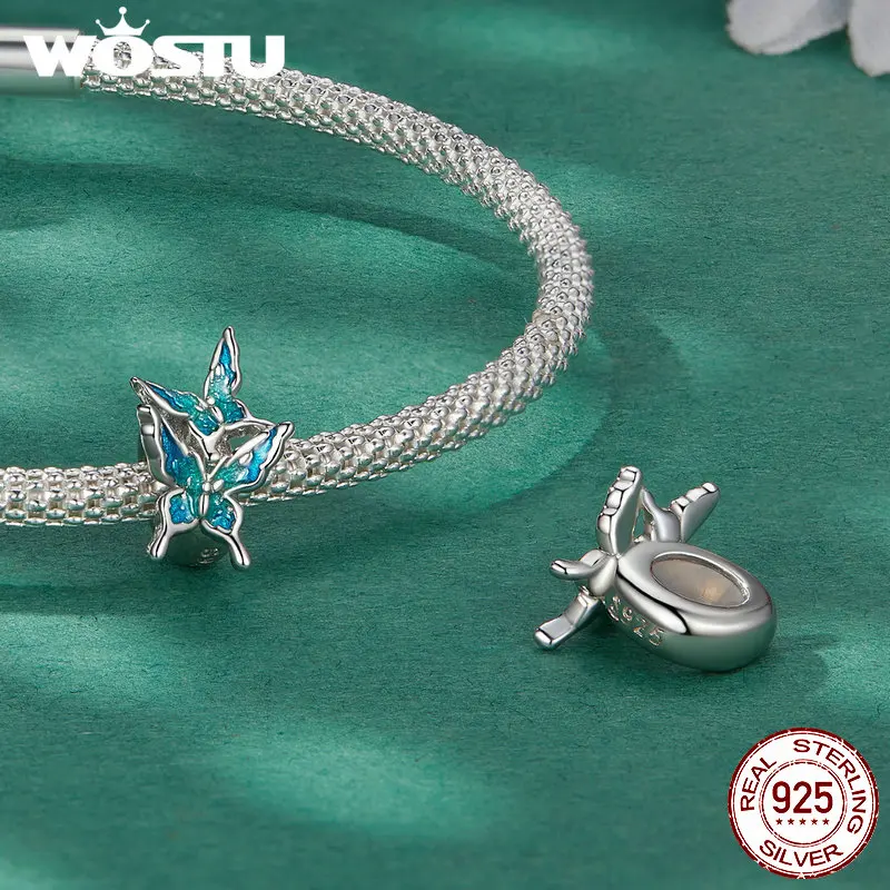 WOSTU 925 Sterling Silver Blue Butterfly Septal Bead Dragonfly Stopper Vintage Pendant Fit Orignal Bracelet Fine Jewelry Gift