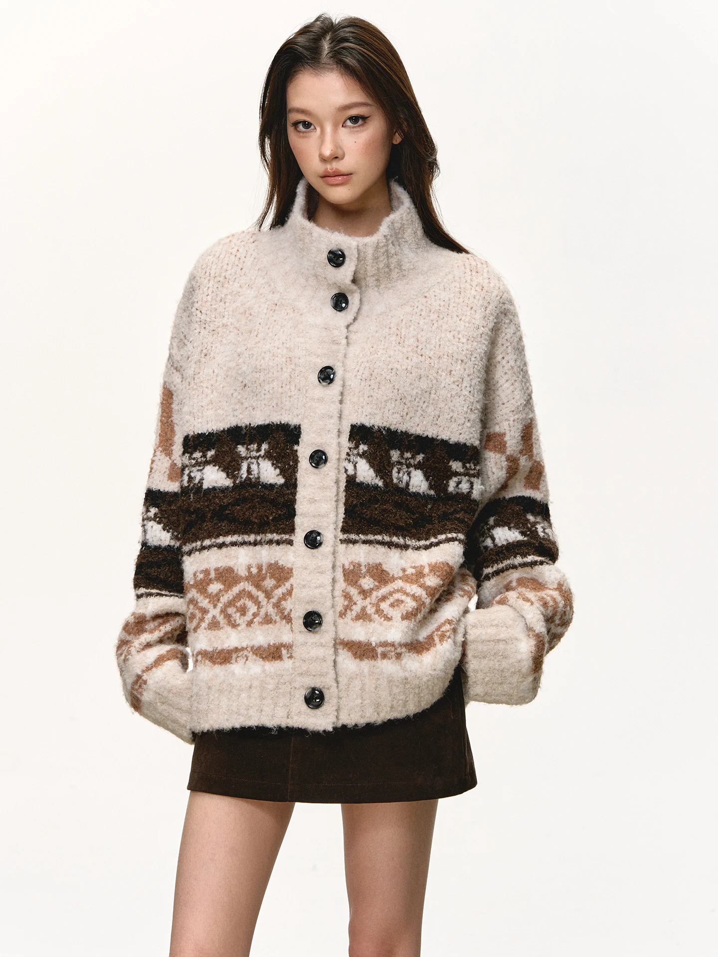 

Anna Aneae Women's Fair Isle Knit Sweater Coat Loose Fit Stand Collar Spring Autumn Vintage Color Blo Open Cardigan