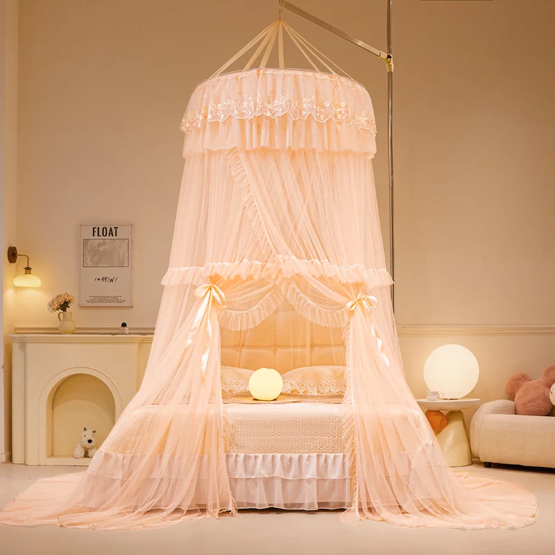 

No-Drill Floor-standing round Dome Mosquito Net Princ Sle Bedroom Hanging Rod Ceiling Hook Home Use No Installation Requ...