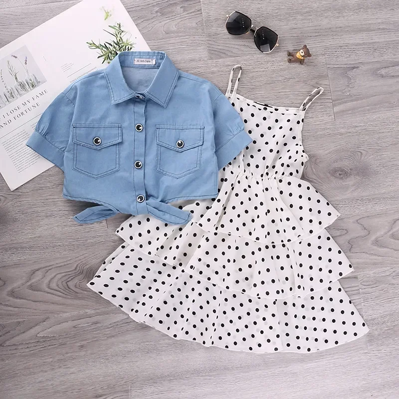 2Pcs Kids Dresses for Girls Elegant Sling Princess Dress Blue Denim Jacket 3-11 Years Girl Flower Dress Summer Children Clothes