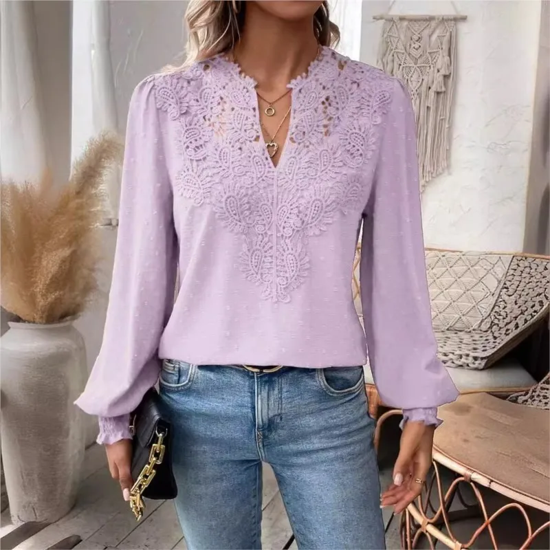 Elegant Hollow Out Lace Decoration Shirt Women Deep V Neck Pullover Blouse Female Solid Color Jacquard Lantern Long Sleeve Tops