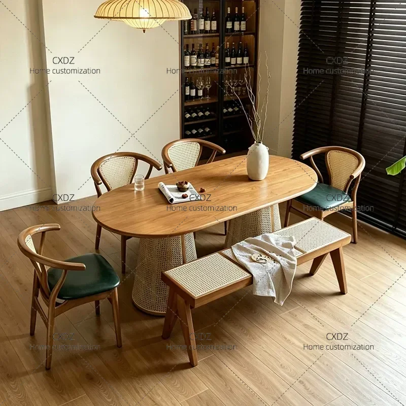 Medieval Style Solid Wood Dining Table with Oval Travertine Legs Light Luxury Minimalist Modern Simple Design Customizable