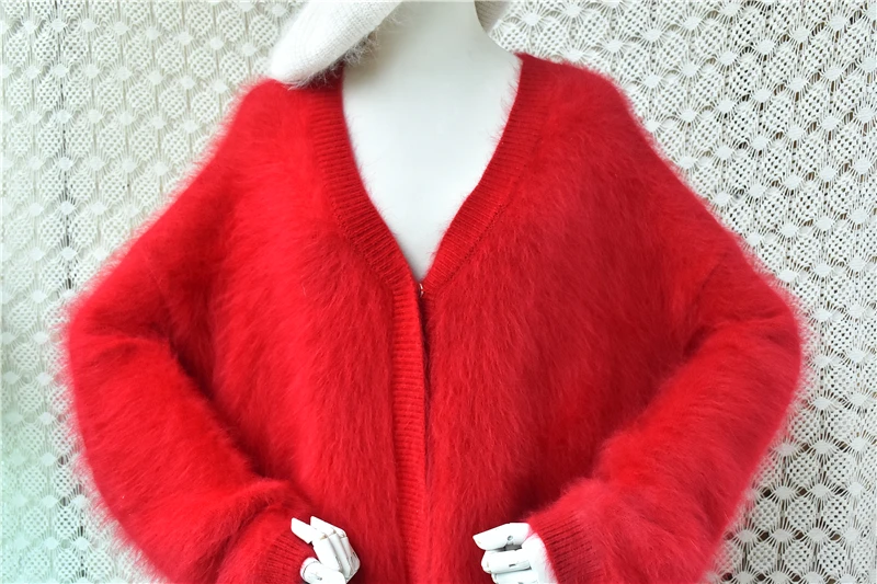 Ladies Women Autumn Winter Fashion Red Hairy Mink Cashmere Knitted V-Neck Long Sleeves Loose Cardigans Angora Sweater Coat Pull