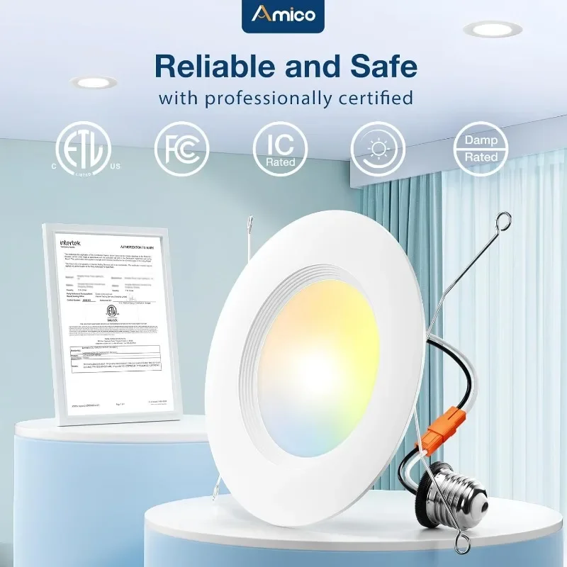 24 عبوة من إضاءة LED 5/6 بوصة 5CCT، قابلة للتعتيم، 12.5 واط = 100 واط، 950LM، 2700 كيلو/3000 كيلو/4000 كيلو/5000 كيلو/6000 كيلو قابلة للاختيار