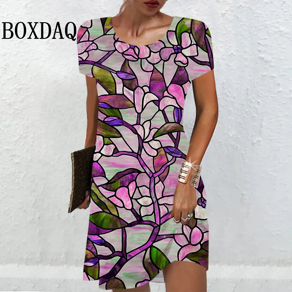 Painting Colorful Leaf Dresses For Women Summer Floral 3D Print Dress Fashion Loose Casual O-Neck Short Sleeve Mini A-Line Dress