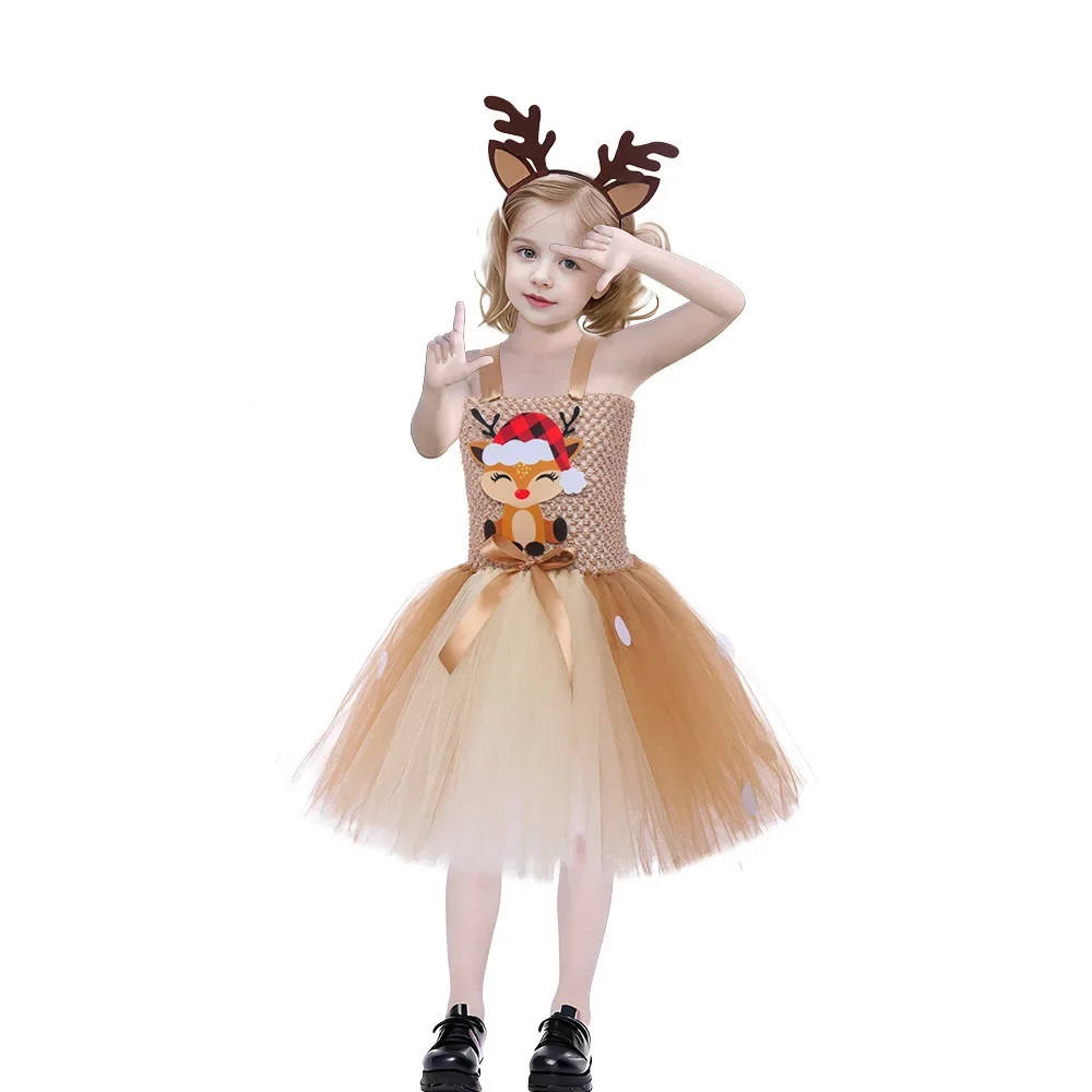 Christmas Costume Children\'s Elk Net Gauze Princess Pompadour Skirt Plaid Hat Cartoon Fawn  Skirt Dance Performance Costume