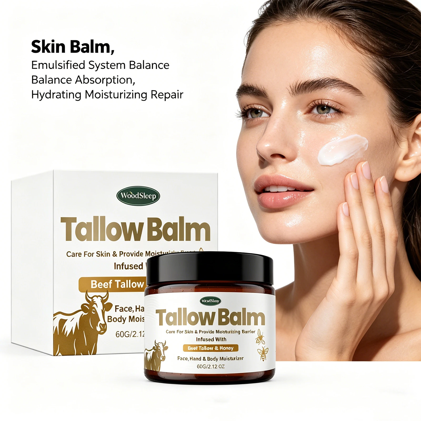 

Woodsleep Beef Tallow Honey Skin Balm Mild Hydrating Moisturizer Non Greasy Emulsion Repair Cream for Dry Sensitive Skin Care